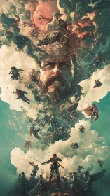 Colossal warrior faces storm of floating fighters in sky