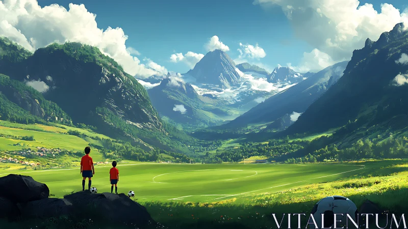 Two young players before vast alpine valley pitch scene.