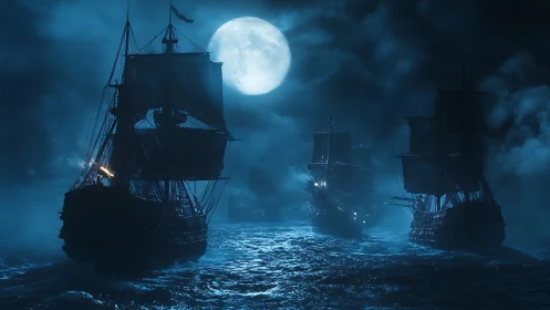 Lunar backlit war galleons in turbulent nocturnal seascape.