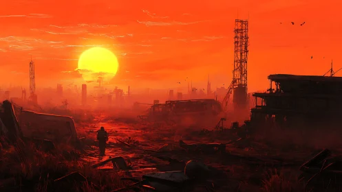 Crimson sunset welcomes a lone wanderer into the silent ruins