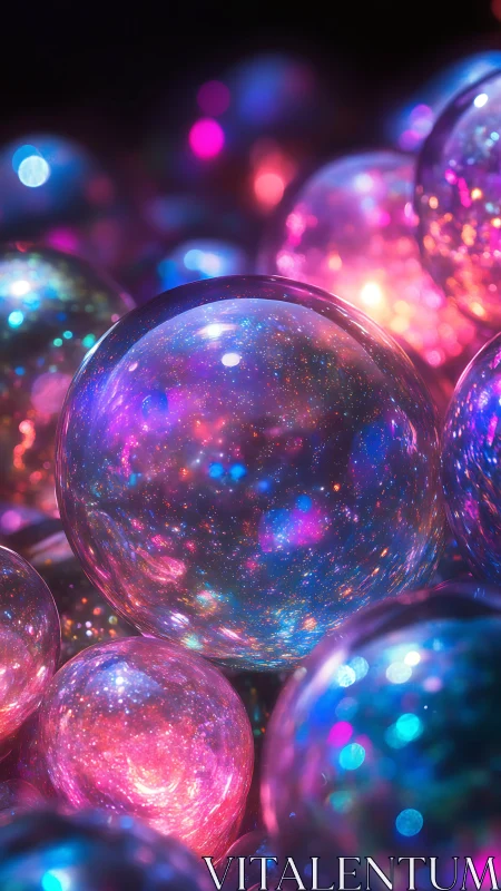 Galactic orbs shimmer with neon cosmic light and color.