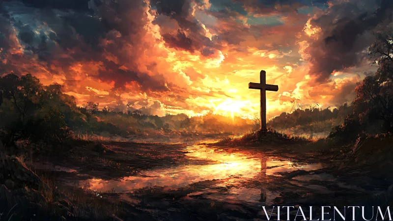 Wooden cross silhouette in sunset-lit wetland landscape.