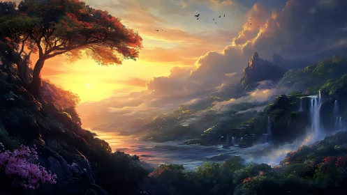 Sunlit valley landscape glows with waterfalls and distant peaks