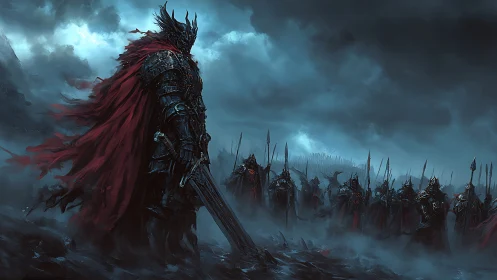 Armored warlord commanding spear phalanx in storm haze.