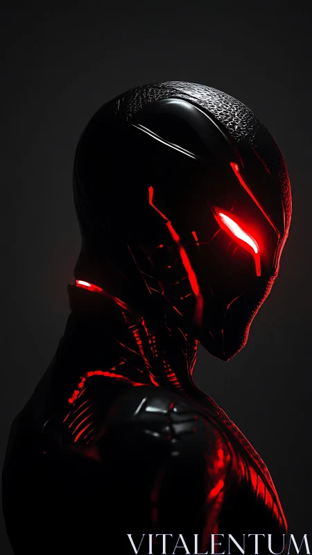 Cybernetic helmeted figure glows with sharp red neon accents