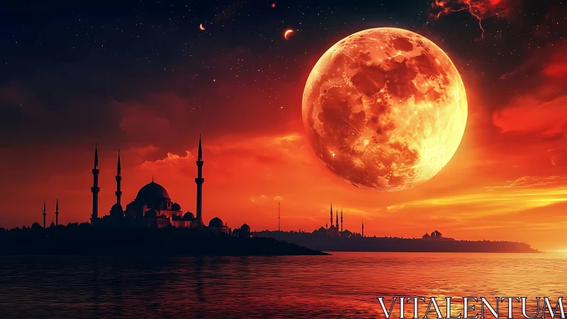 Red lunar sky over mosque silhouettes at calm water.