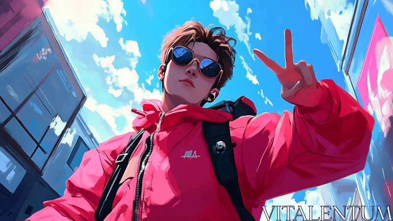 Youth in red jacket making hand gesture outdoors.