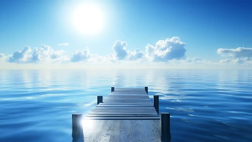 Sunny wooden pier reaching into calm endless blue water.