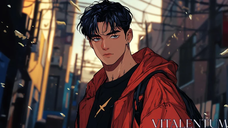 Young man in red jacket on anime style city street.