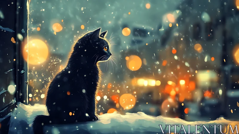 Black cat seated at window during snowfall with urban bokeh lighting
