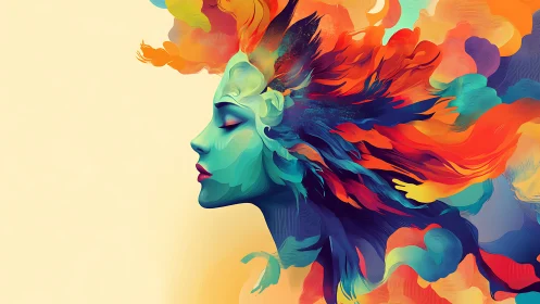Colorful digital female profile with flowing abstract hair.