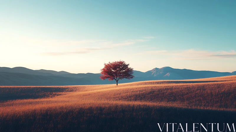 Solitary red tree on sunlit grassland with distant mountains.