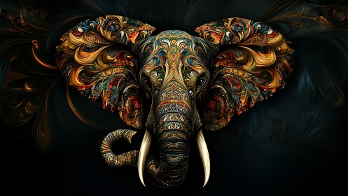 Elephant head is rendered with intricate ornamental patterns
