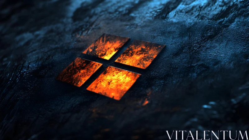 Fiery Microsoft Windows Logo on Dark Textured Surface, Digital Art.