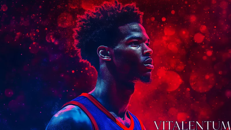 Basketball player portrait in bold red and blue lighting.