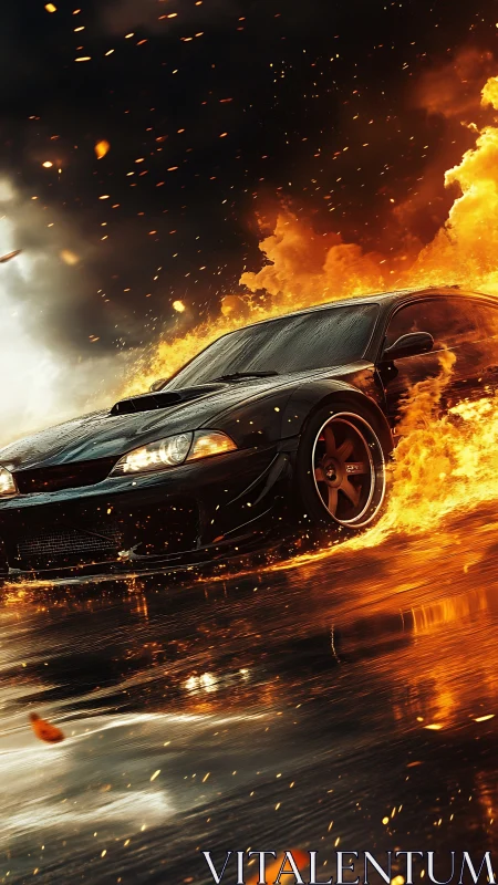 Midnight muscle car surfing a river of unruly firestorm.