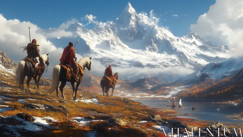 Mounted travelers cross alpine ridge toward glacial fjord