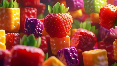 Glowing gummy strawberries float in a rainbow candy storm.