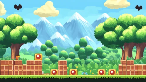 Stylized 2D Video Game Environment with Snow-Capped Mountains and Brick Platforms.