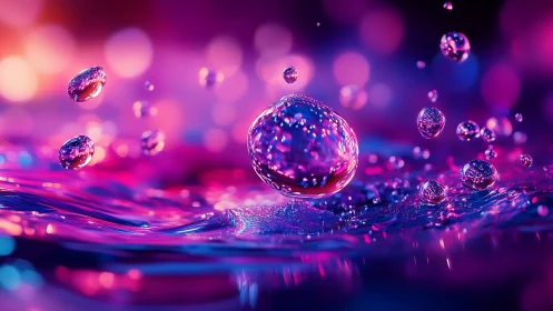 Shimmering water droplets dance in glowing neon colors