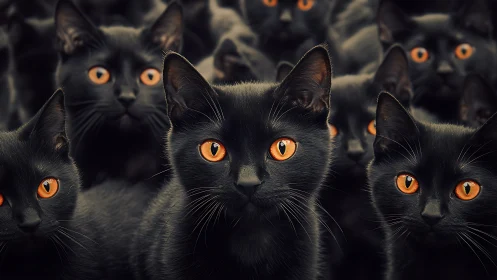 Multiple black cats with luminous amber eyes staring intensely forward