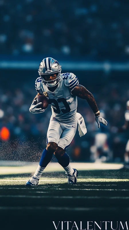 Electric sideline sprint under bright stadium lights.