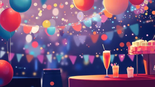 Vibrant Party Scene with Celebratory Balloons and Festive Beverages.