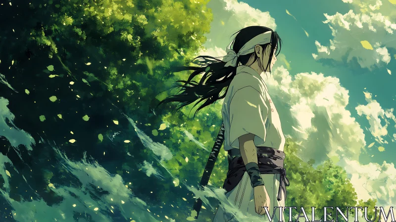 Anime samurai in wind-swept riverscape, dynamic lighting study.