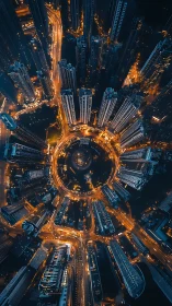 Night aerial view of circular city intersection and towers.