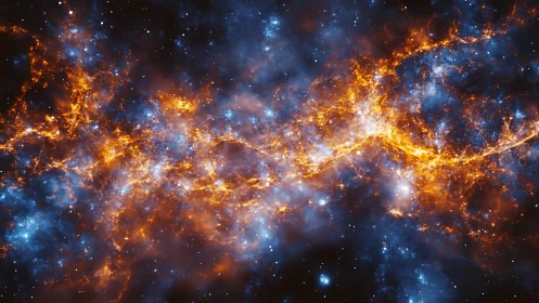 Fiery interstellar nebula cloud with blue star field glow