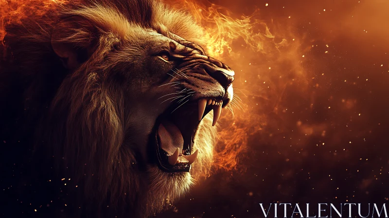Lion profile displays open jaw against stylized fiery backdrop