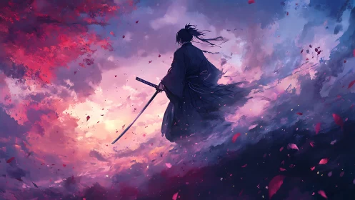 Lone samurai cuts through crimson stormlit twilight sky.
