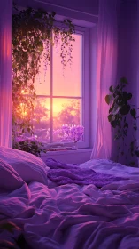 Lavender bedroom glows under vivid pink sunset light.