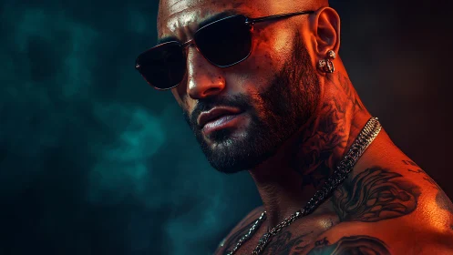 Moody portrait of tattooed man in cinematic neon light.