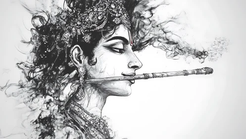 Profile ink portrait of adorned figure with flute detail.