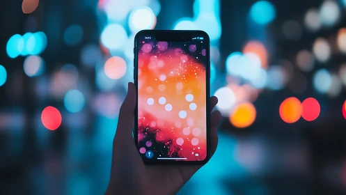 Handheld neon portal glowing over dreamy city bokeh night.