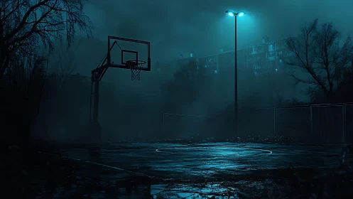 Deserted urban basketball court glows under cyan streetlight