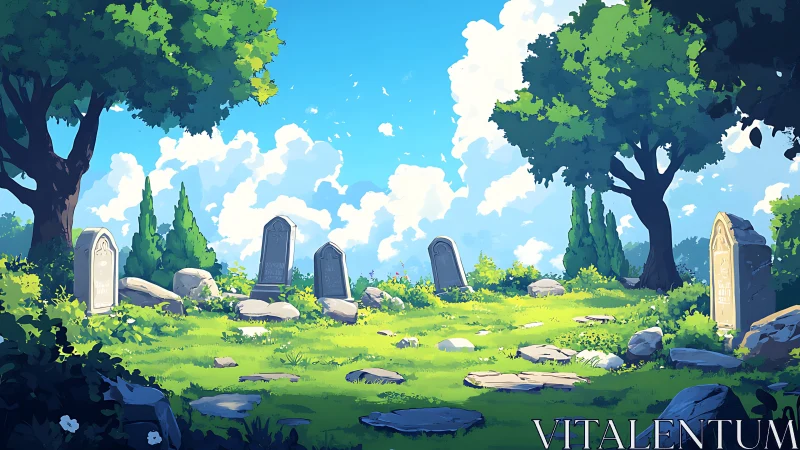 Sunlit graveyard glade where quiet memory hums softly.