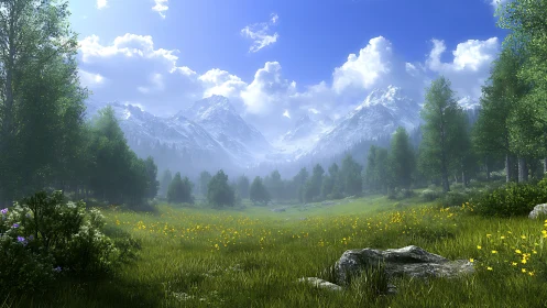 Mountain meadow extends toward distant snow-covered peaks