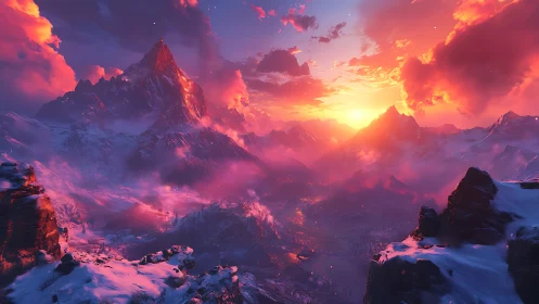 Crimson sunset ignites snowcapped mountains and mist valley.