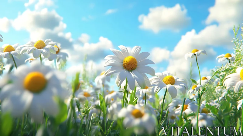 Sunlit Daisy Field Under Bright Blue Sky.