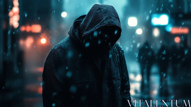 Hooded figure stands alone on wet neon city street at night.