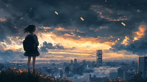 Stormlit schoolgirl rewrites the city skyline with silence
