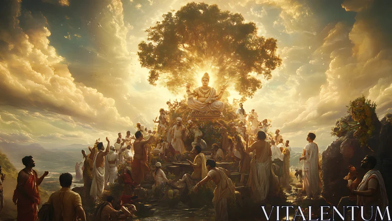 Radiant seated deity beneath celestial golden tree of light