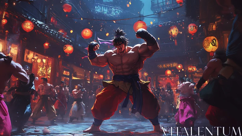 Lantern-lit street brawl ignites a fierce warrior’s triumph.