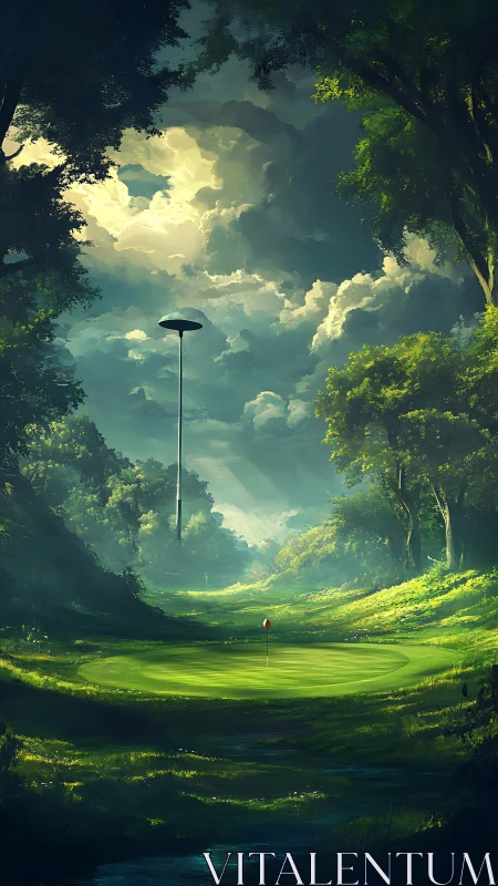 Luminous forest golf green beneath towering aerial beacon.