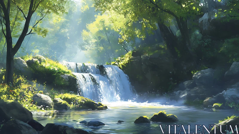 Enchanting Forest Waterfall Surrounded by Lush Green Trees