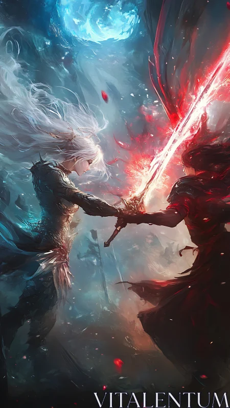 Bifurcated spectral duel under lunar-lit elemental turbulence.