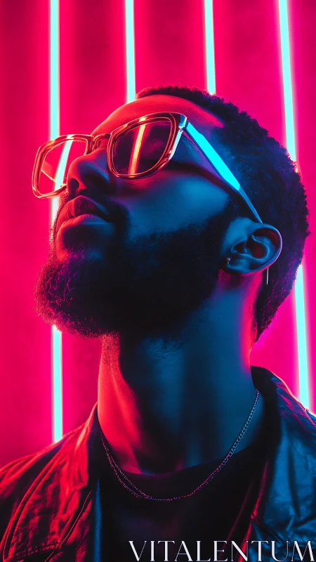 Portrait shows person in neon lighting with reflective glasses