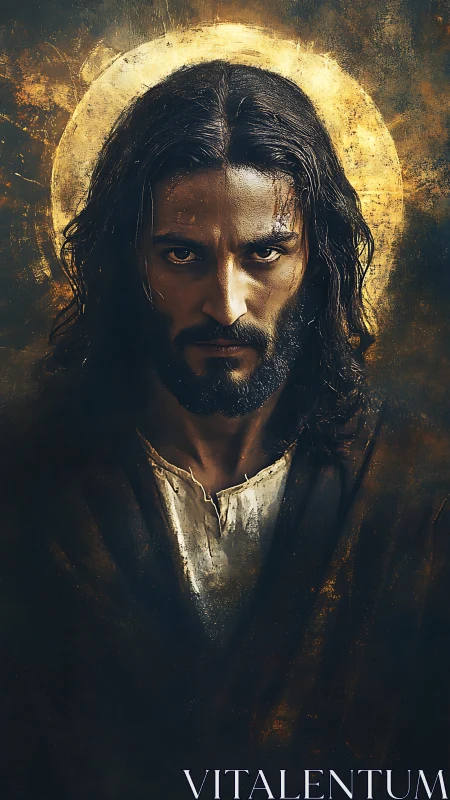 Portrait depicts robed man with halo-like circle behind head